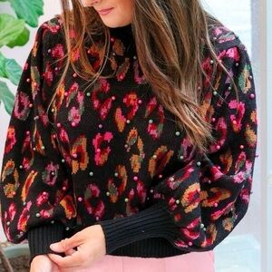 Farm Rio Black Ikat Dyed Leopard Ball Sweater